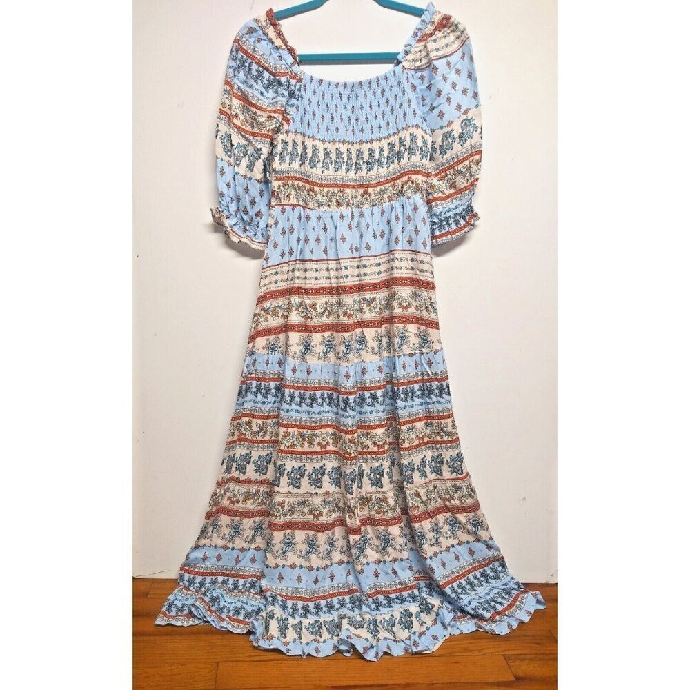 NWOT GiGiO Maxi dress Floral Tiered Bohemian Prairie Cottagecore Flare Sz S blu